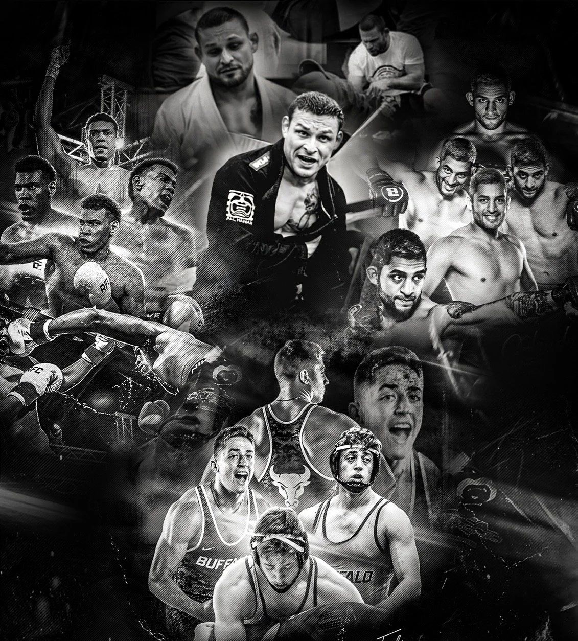 Black and white collage of martial artists, fighters, runners, and wrestlers in action