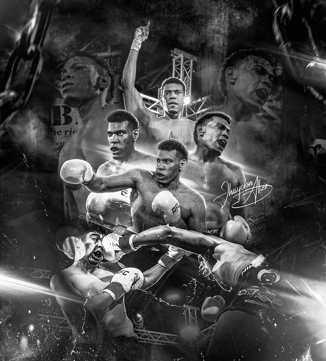 Black and white collage of boxers training, one landing a punch