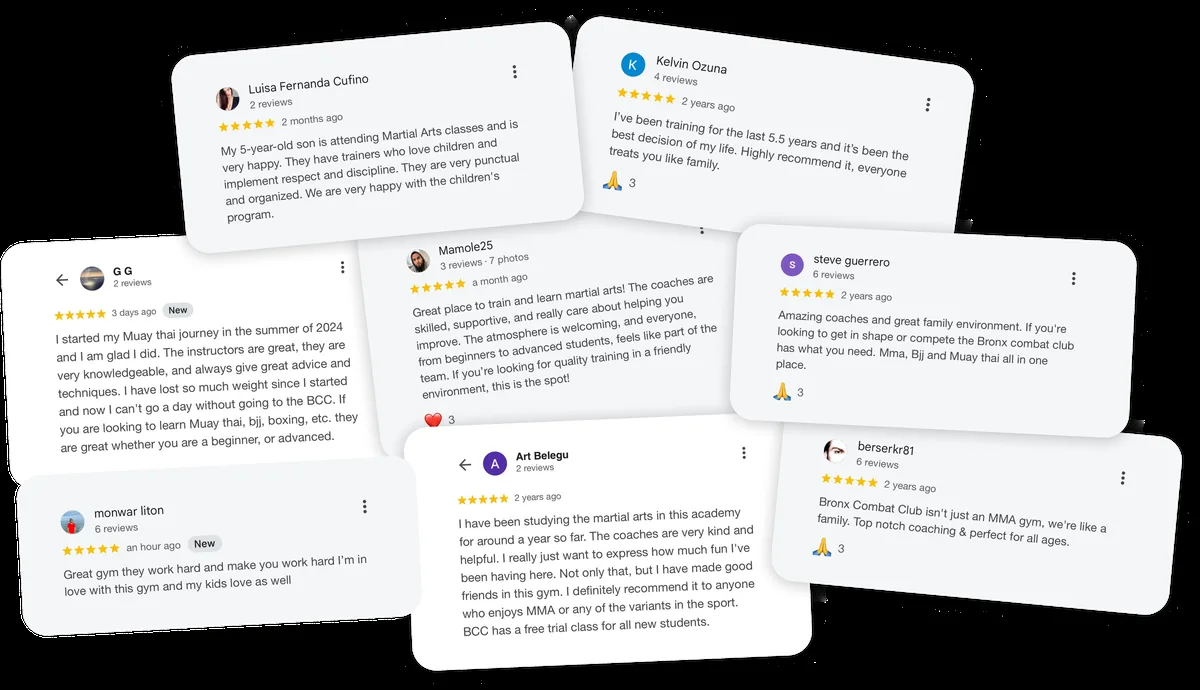 Screenshots of five-star Google reviews for Bronx Combat Club