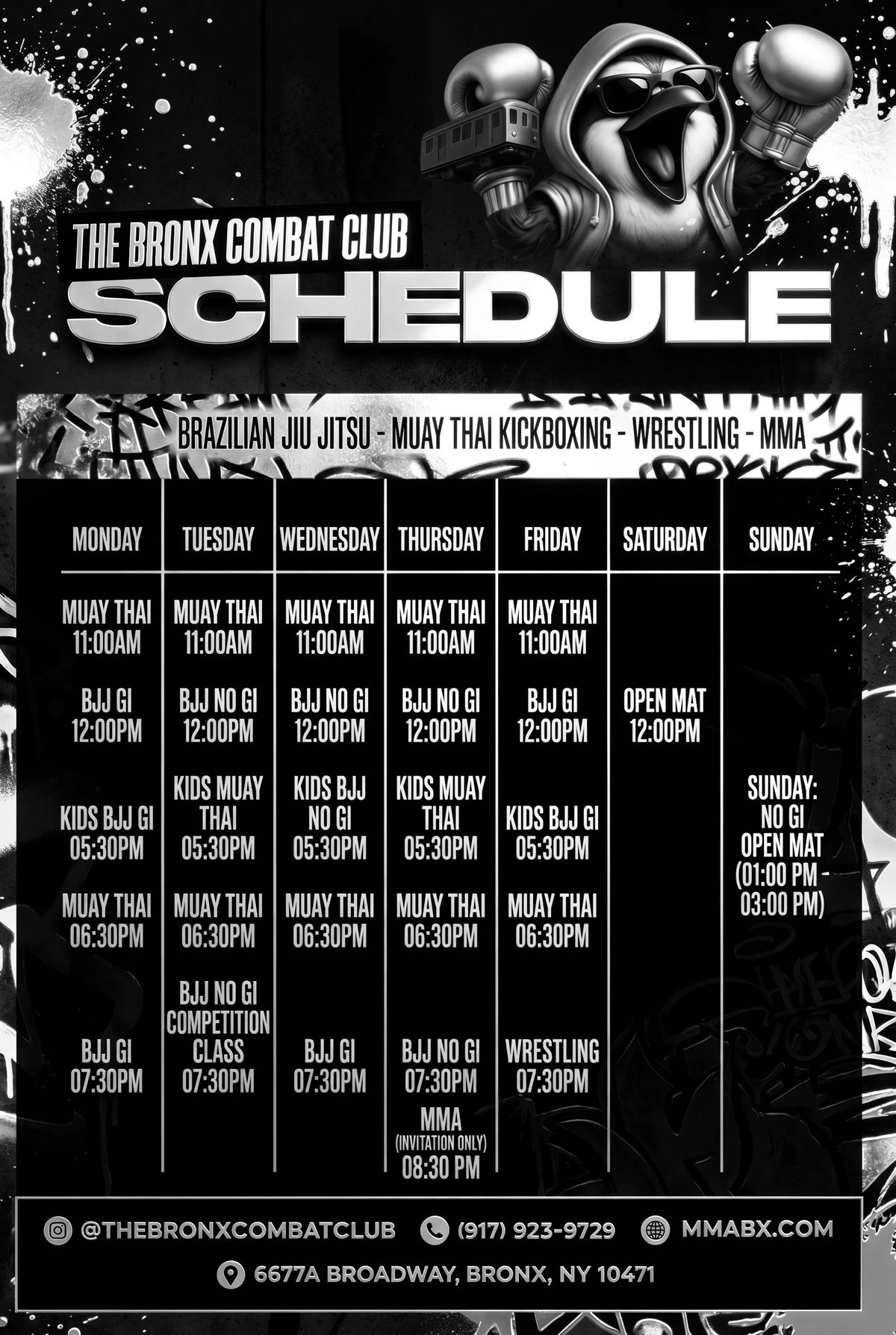 Bronx Combat Club weekly class schedule flyer: Muay Thai, BJJ gi and no-gi, kids classes, wrestling, and MMA across Monday to Sunday