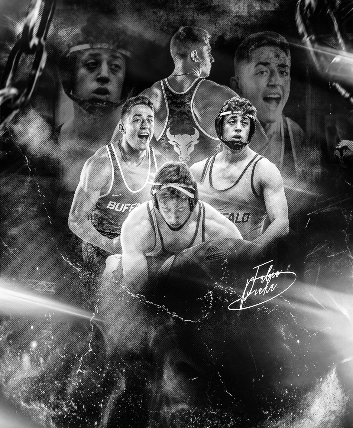 Black and white collage of wrestlers in Buffalo Bulls singlets